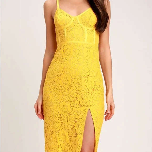 Lulus | Dresses | Love Me Right Yellow Lace Bodycon Midi Dress | Poshmark